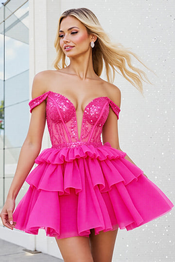 Off The Shoulder Beaded Corset Fuchsia Homecoming Dress